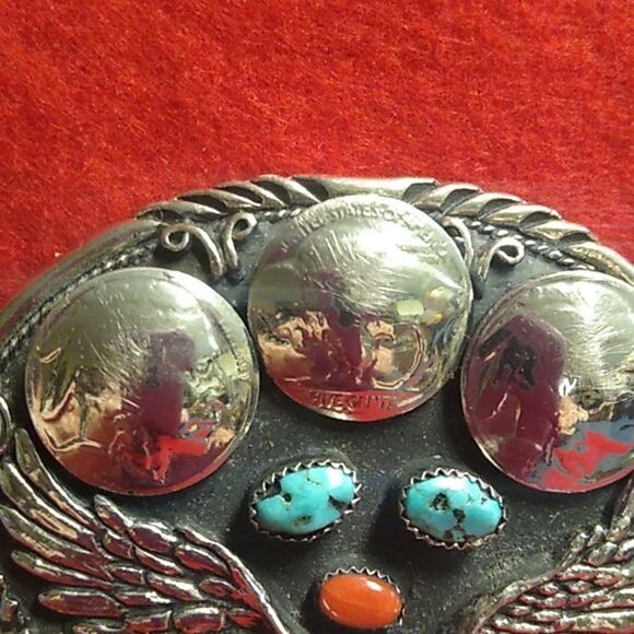 Vintage Turquoise & Coral Eagle Southwestern Silver Tone Metal Handcrafted Sign - Picture 2 of 9